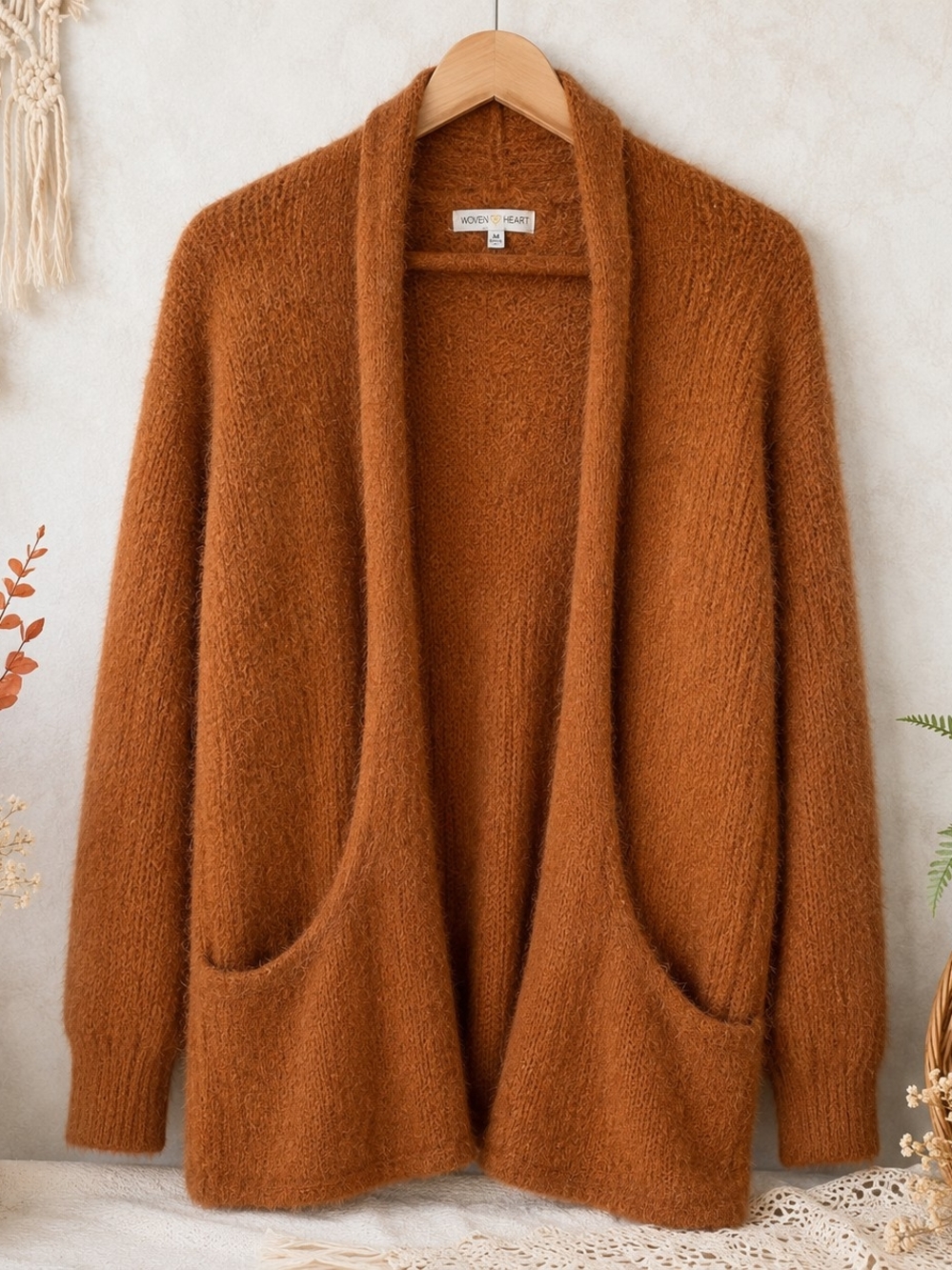 Woven Heart Oversized Fuzzy Cardigan Rust Brown Pockets Boho Size M